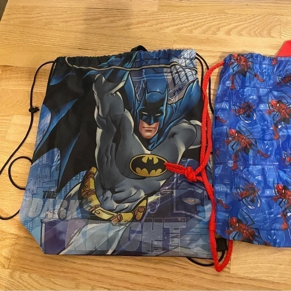 Batman Spider-Man Cinch Bag Back Pack Book Bag Kids Blue Black Bundle Lot